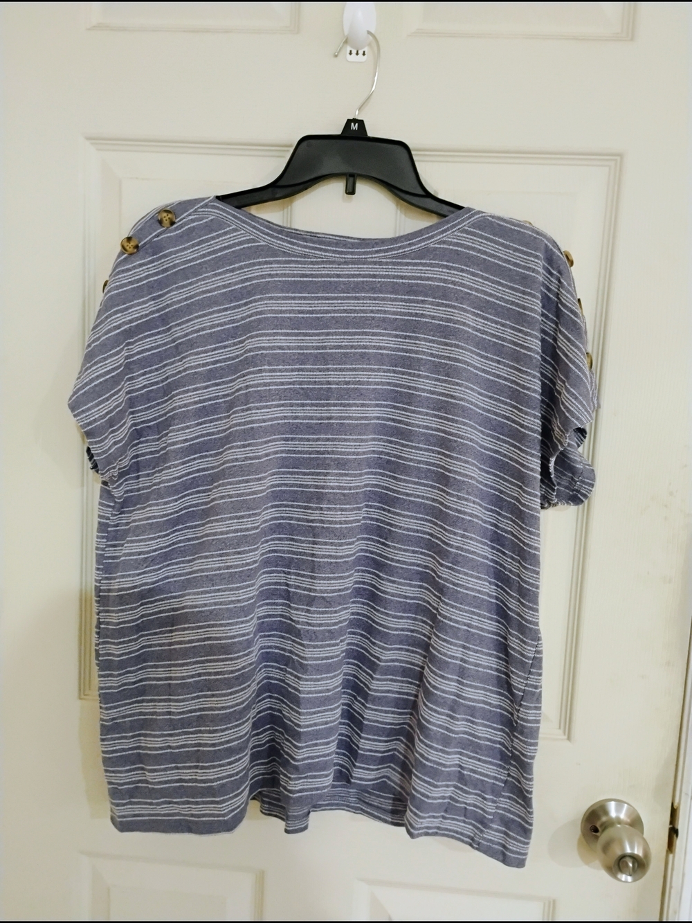 Women’s Blue Striped Short Sleeve Tee with Shoulder Button Detail